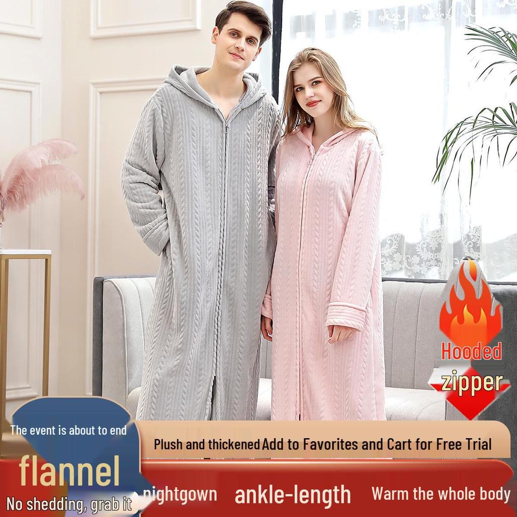 Thickened Flannel Robe: Warm Coral Fleece Bathrobe for Couples - Men's & Women's Plus Size Zipper Nightgown