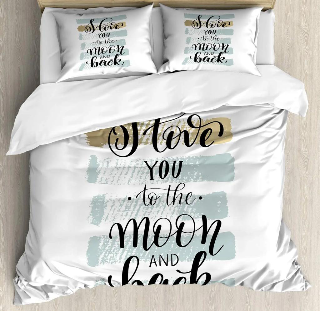 I Love You Duvet Cover Hand Drawn I Love You To The Moon And Back Words With Stars Celebration King Size Polyester Bedding Set