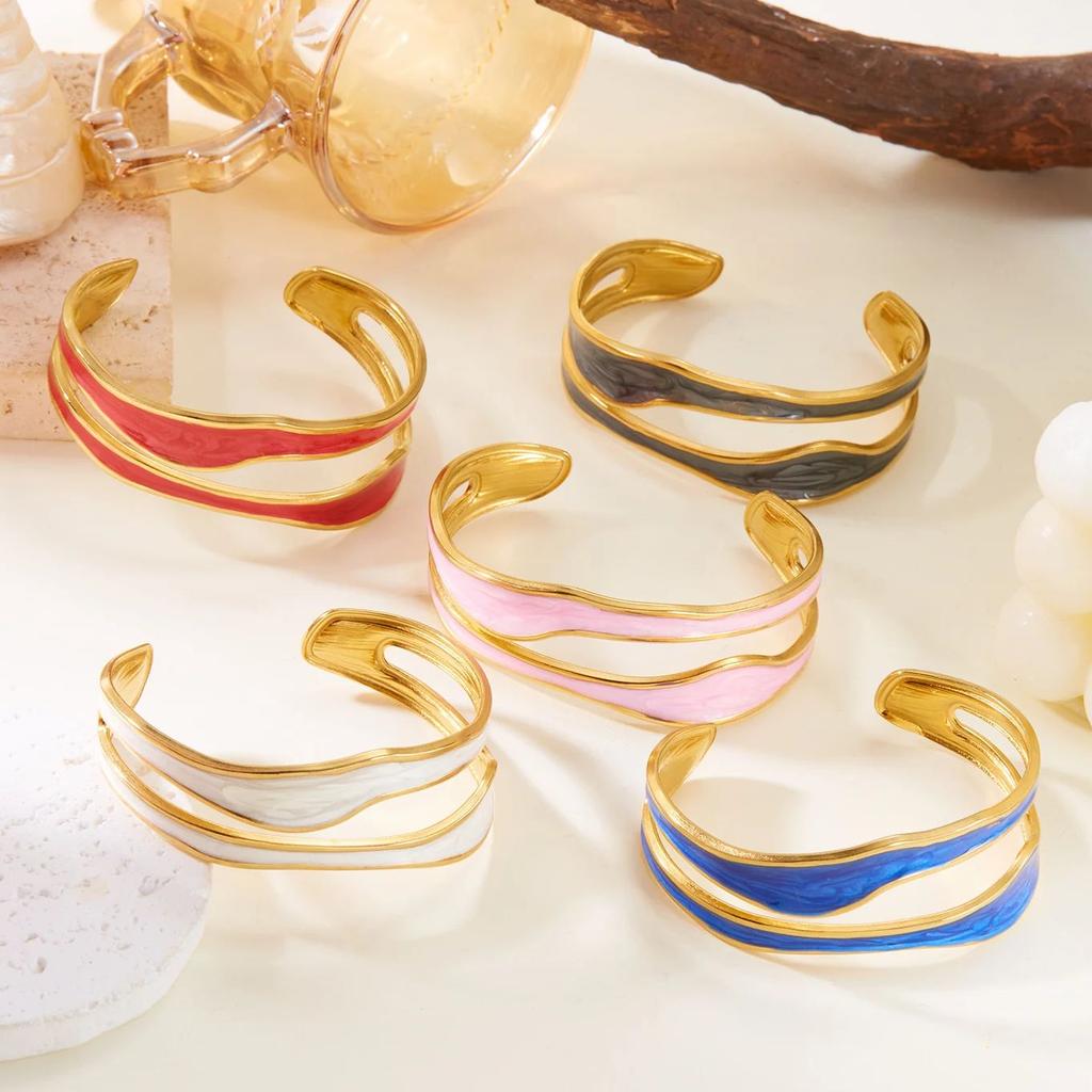 Vintage White Enamel Stainless Steel Open Bracelet for Women Simple Metal Irregular Shape Geometric Bracelet No Fading Jewelry