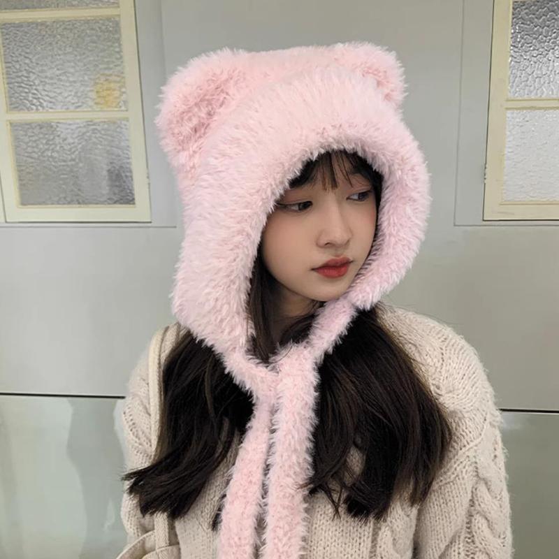 Autumn And Winter  Bear Ear Strap Lei Feng Hat Women'S Korean Cute Warm Ear Protection Knitted Wool Hat