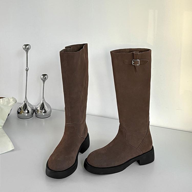 All cowhide but knee boots 2025 autumn and winter knight boots women's brown round head low heel sleeve high boots