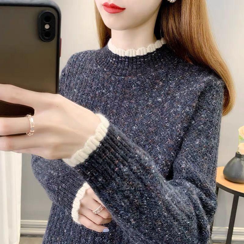 Color Blocking Wavy Edge Women's Sweater Half High Neck Autumn Winter Knitted Top Base Women' Sweater
