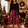Women's Fashion Round Casual Slim Fit Christmas Print Large Swing Long Sleeve Dress