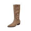 Cowhide Maillard Pointed Leather Pile Boots Women's Western Cowboy Boots Button Tall Boots Thick Heel Boots