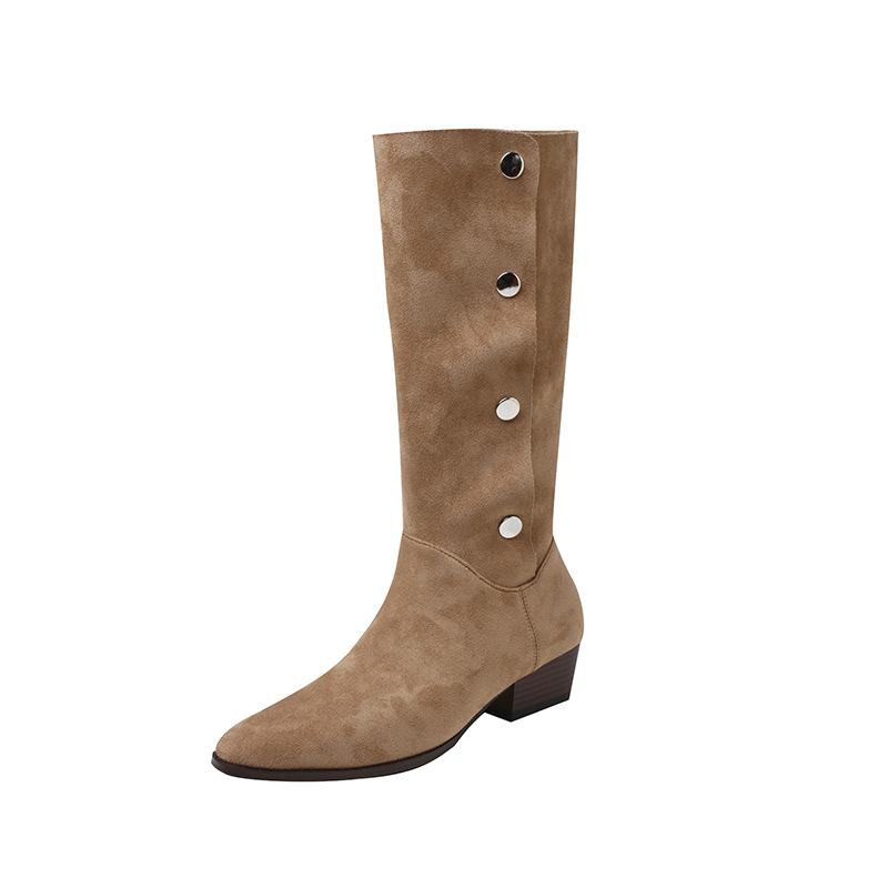Cowhide Maillard Pointed Leather Pile Boots Women's Western Cowboy Boots Button Tall Boots Thick Heel Boots