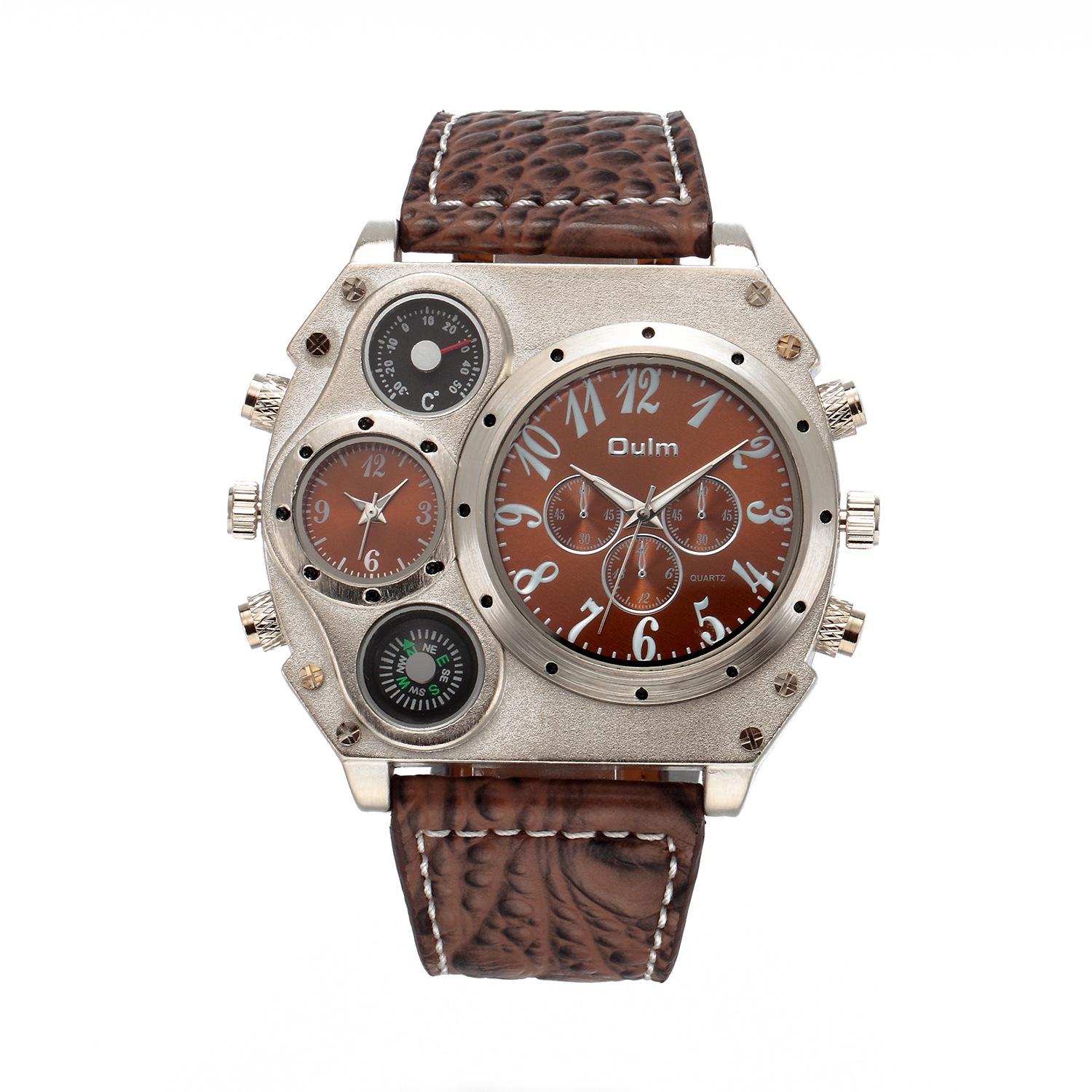 Oulm European Radium Large Dial Multi-Time Zone Men S Watch Two-Place Travel Time Watch Casual Men S Watch Hp1349 коричневый