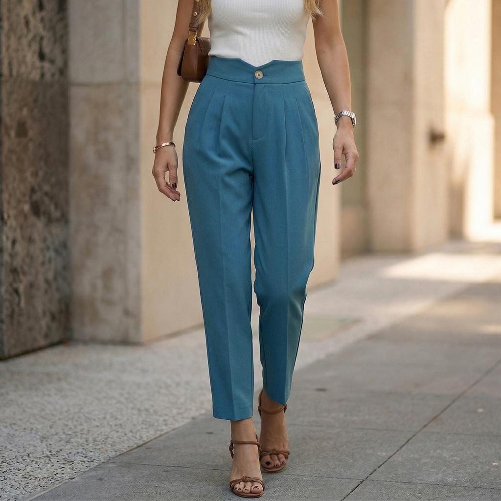 Women's Fashionable Color Casual Trousers With Pockets, Straight Leg, Cropped Suit Trousers