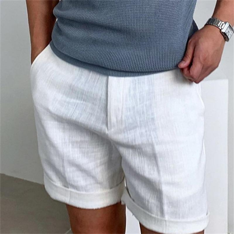 

Men Casual Linen Blend Shorts Mid Rise Rolled Cuff Solid Color Summer Beach Daily Wear S білий