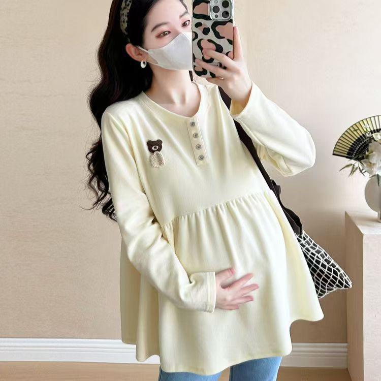 

Plus Size Korean-Style Maternity Tunic - Casual Long Sleeve Loose Fit for Spring/Autumn, Belly Covering for Pregnant Women M (80-105 jin)
