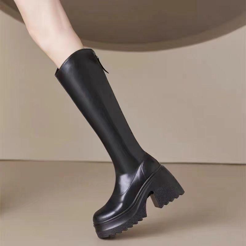 2025 Autumn New Small High Heel Boots Women's Thick Sole Thick Heel Solid Color High Tube Heightening Boots Knight Boots