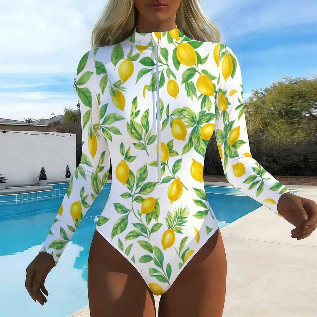 Women Long Sleeve One Piece Swimsuit Zip Front Ink Wash Print Print Rash Guard Surfing Bathing Suit