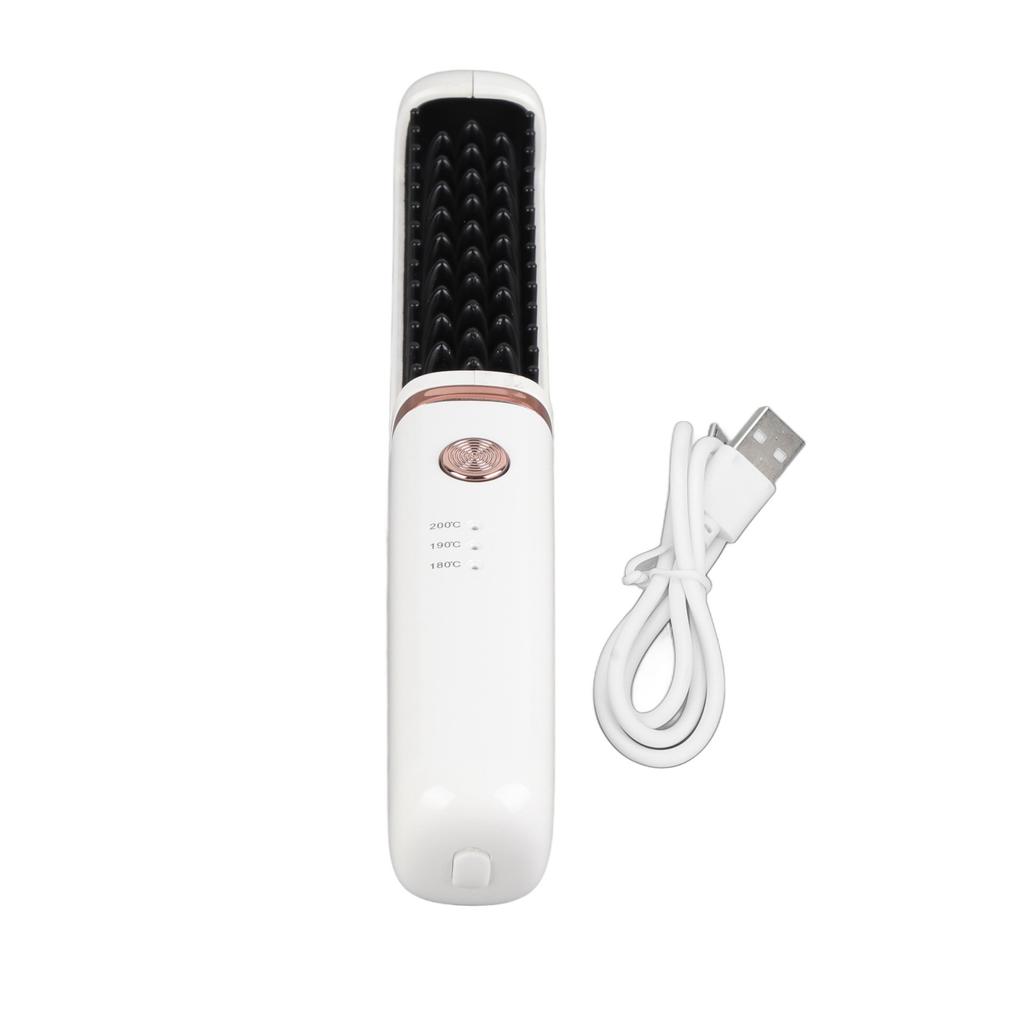 Hair Straightener Brush USB Rechargeable Hair Straightening Curling Brush Pearl White