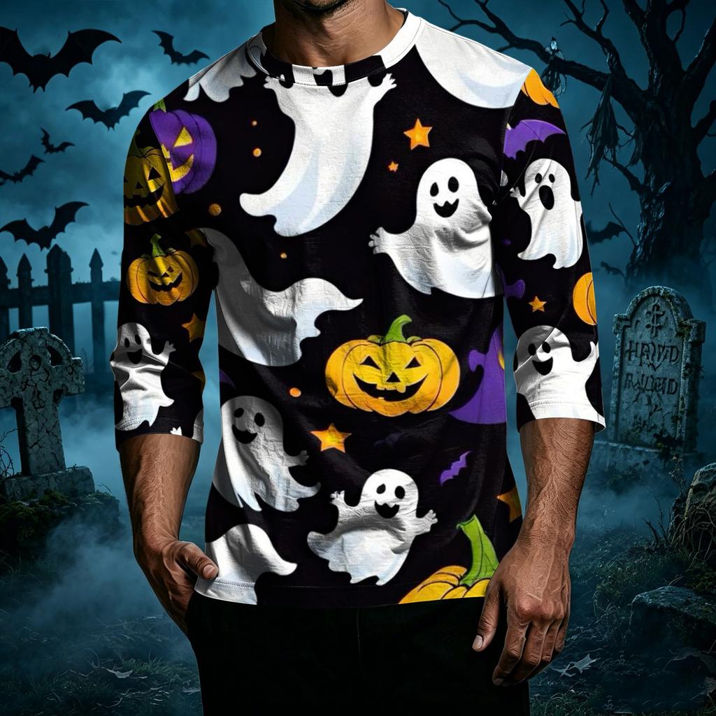 Men Casual Halloween Print Raglan Sleeve T Shirt Crew Neck Three Quarter Sleeve Top Lightweight Comfortable Fit