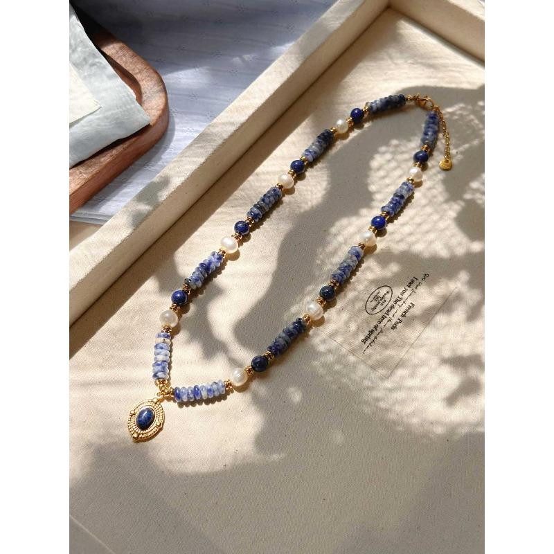 Süßwasserperlmutt Lapis Lazuli Anhänger Halskette, Titanstahl Design, Halskette, Armband