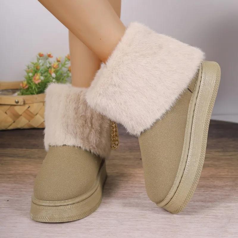 Bottes de neige en velours à plateforme avec chaîne en métal pour femmes, grande taille 36-42, chaussures décontractées à semelles souples, tendance