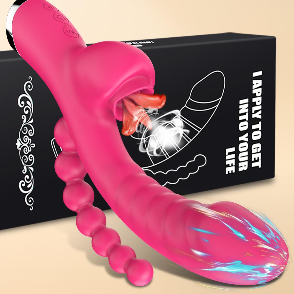 3 In 1 Clit Licking Dildo Vibrator for Women with Anal Beads Clitoris G Spot Anus Stimulator Vibrator Couple Sex Toy Adult Goods