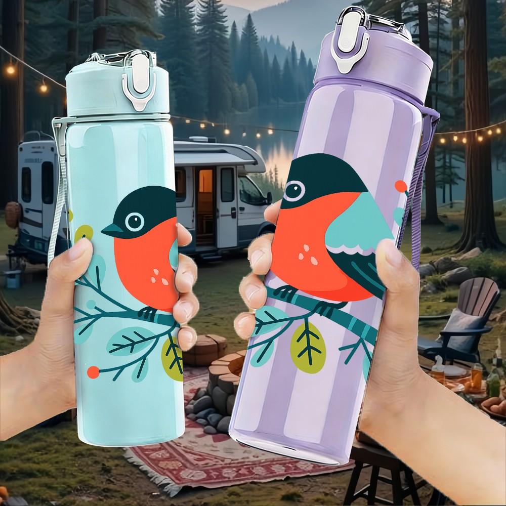 1PC Floral Red Bird Art 750ml Color Plastic Sports Water Bottle Leakproof Flip Straw Lid Suitable for Sports Office Home Use
