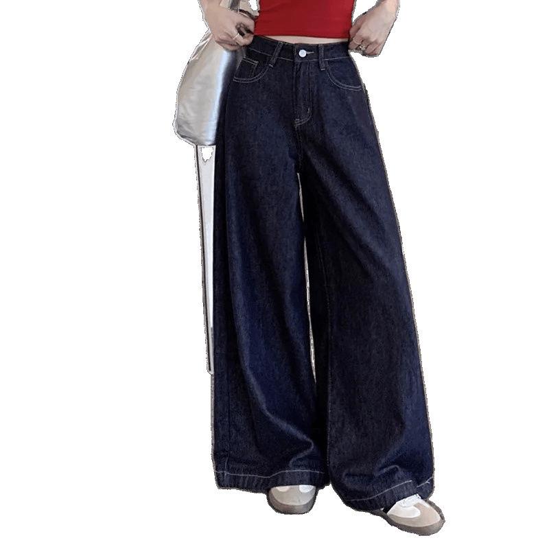Women's Dark Blue High-Waisted Wide-Leg Retro Jeans - Summer 2025 Collection