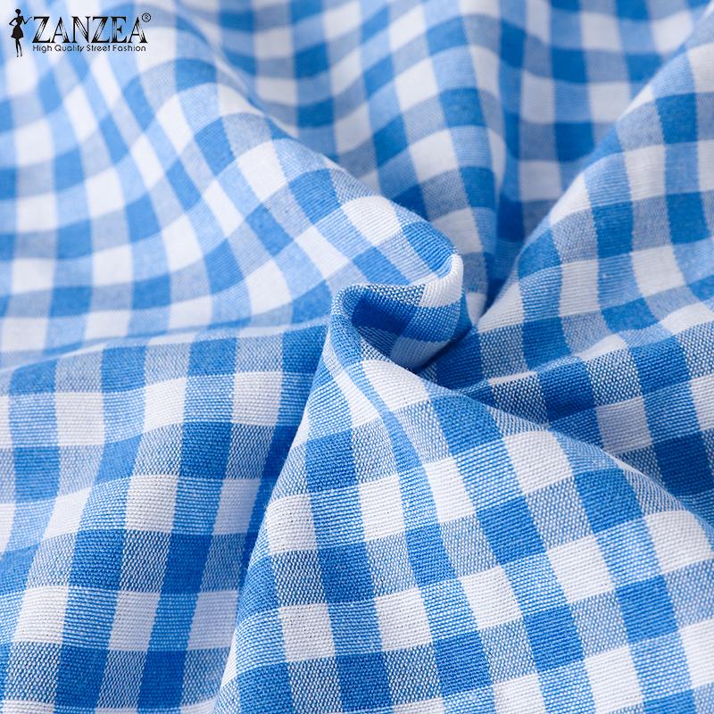 ZANZEA Women Summer Round Neck 3/4 Sleeve Plaid Blouses