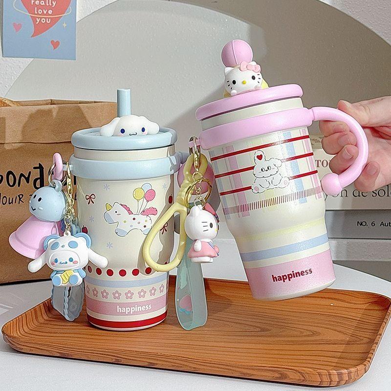 Hello Kitty Cartoon Isolierte Reisebecher mit Strohhalm und Griff für Kinder und Erwachsene