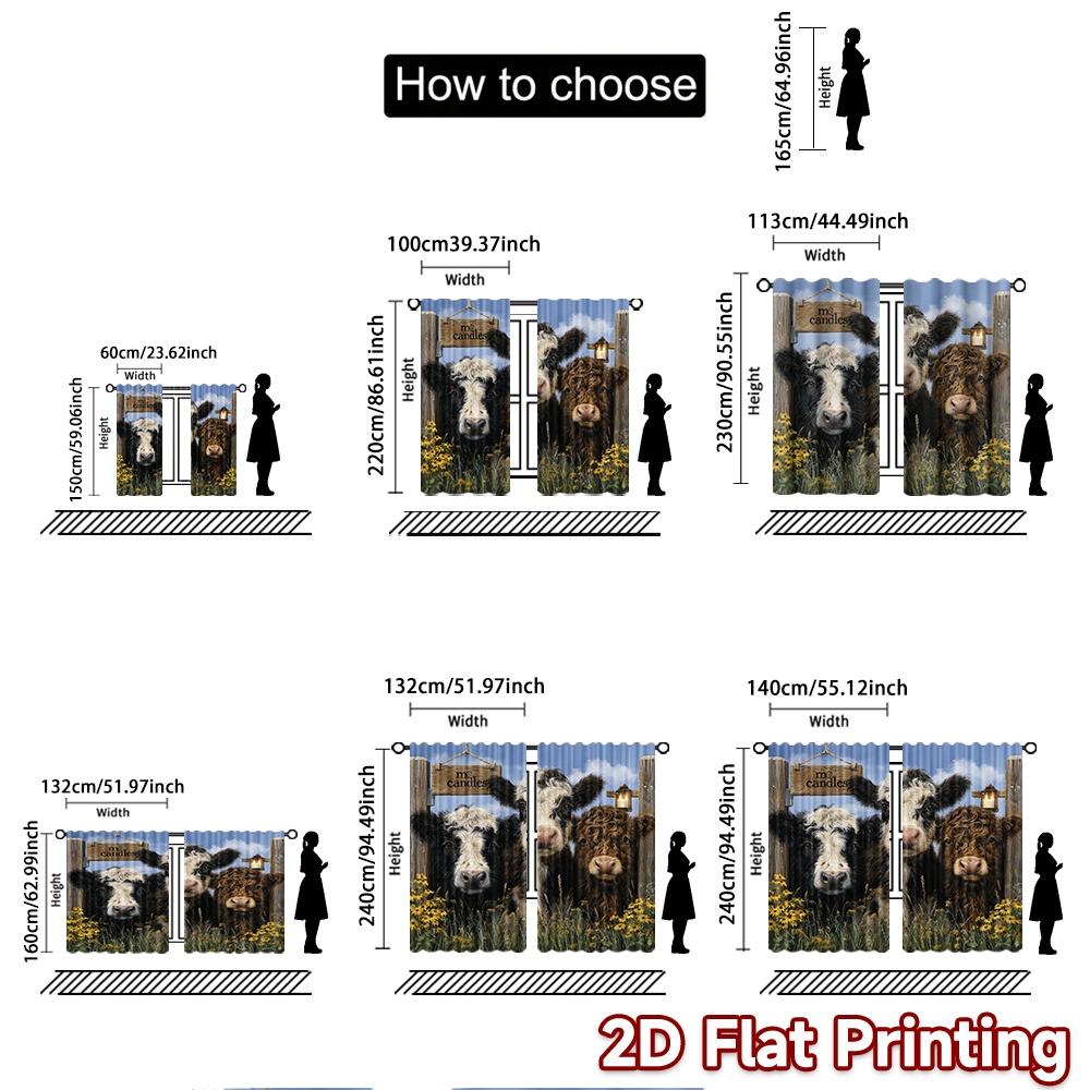 2pcs, 2D FLAT PRINTING Curtains (Without Rod) Curious Cows Holiday Printed Curtains Yarn Curtains Thermal Insulation, and Room