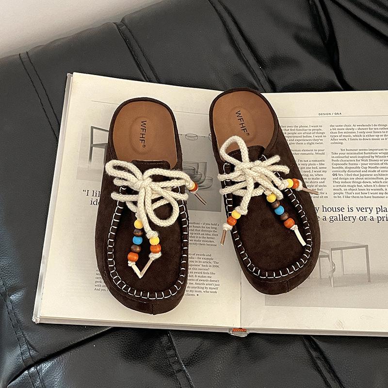 Fashion strap bow half slippers women's summer retro outer wear Muller style casual and comfortable non-slip bag head drag moisture