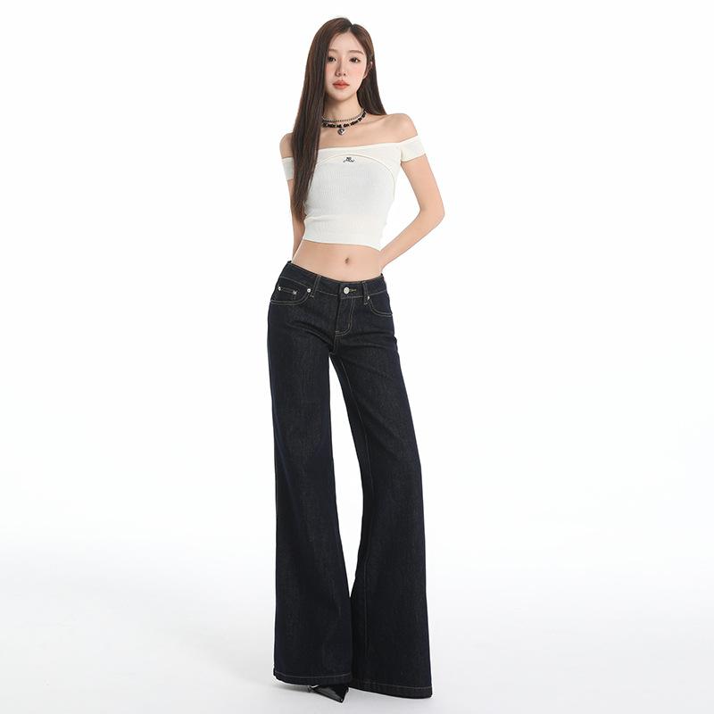 Dark blue low-rise non-stick leg flared jeans women's spring and summer new American retro Spice Girl wide-leg pants