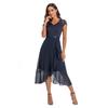 Grenzüberschreitende Amazon Sommer Neu Damenbekleidung V-Ausschnitt Kurzarm Frontschlitz Rüsche Spitze Chiffon Abendkleid Großhandel