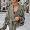Light Gray Green Short Trench Coat with Belt and Stand Collar