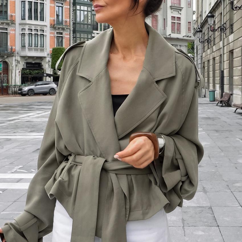 Light Gray Green Short Trench Coat with Belt and Stand Collar