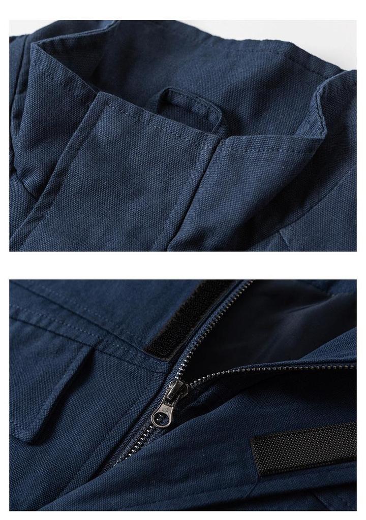 ANGN Unisex Retro Canvas Multi-Pocket Workwear Jacket, Stand-Up Collar, Loose Fit for Spring/Autumn