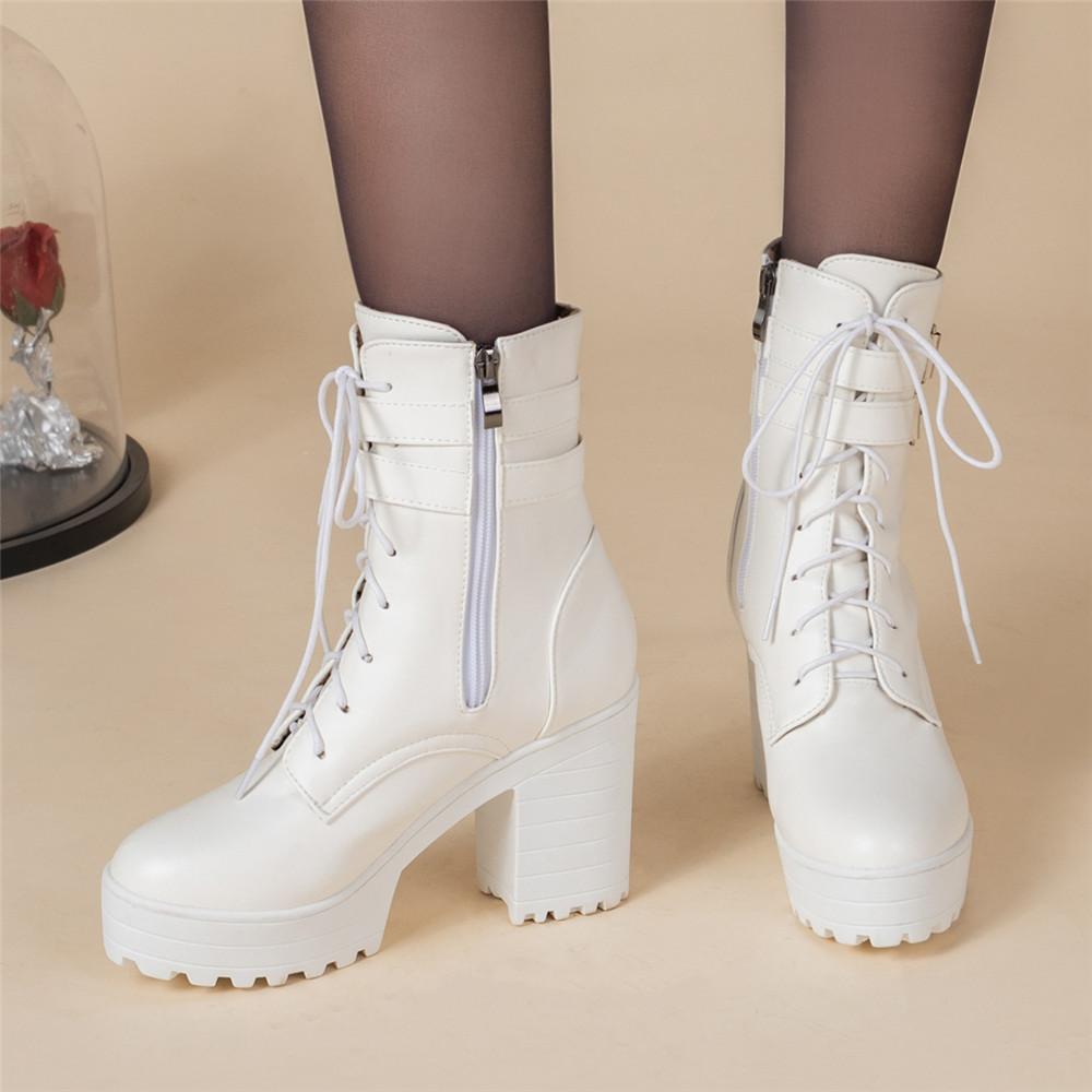 Automne Hiver Femme Moto Dame Botte Élégante Dame Cheville Haut Haut Plateforme Talons Sexy Botas Boucle Blanc
