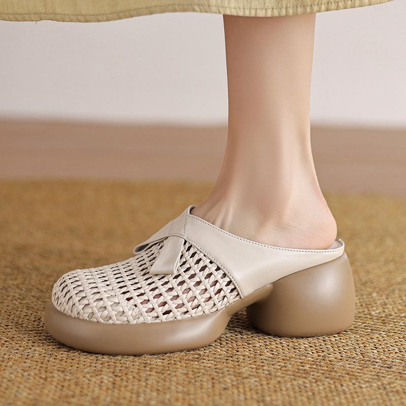 

Баотоу полутапочки женские новые ажурные на высоком каблуке на толстой подошве плетеные дышащие сандалии 35