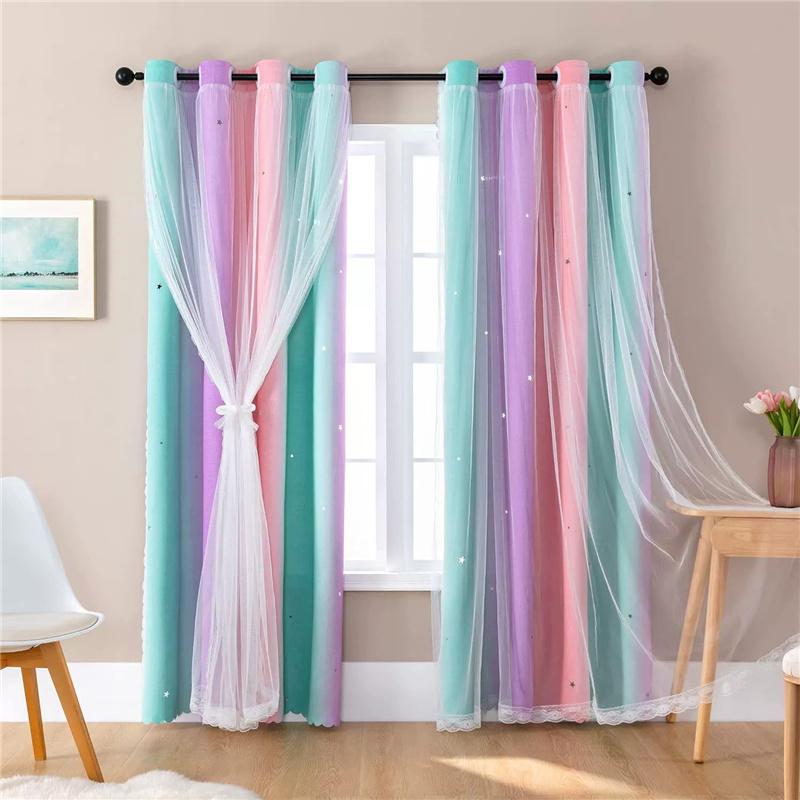 Double Layer Gradient Rainbow Blackout Curtains with Star Cutouts for Kids Room Bedroom Living Room Decor