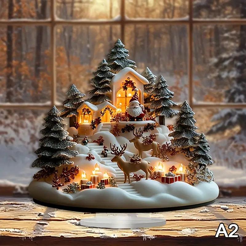 2D Flache Acryl Weihnachts-Tischdeko Anhänger mit Sockel Schneemann Haus Karussell-Design drehbar Innen/Außen Heim Büro Dekoration
