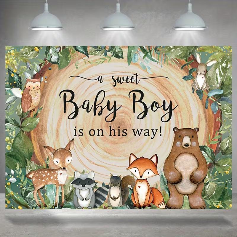 2D Forest Animal Baby Backdrop, Woodland Creatures for Baby Boy Shower Photoshoot