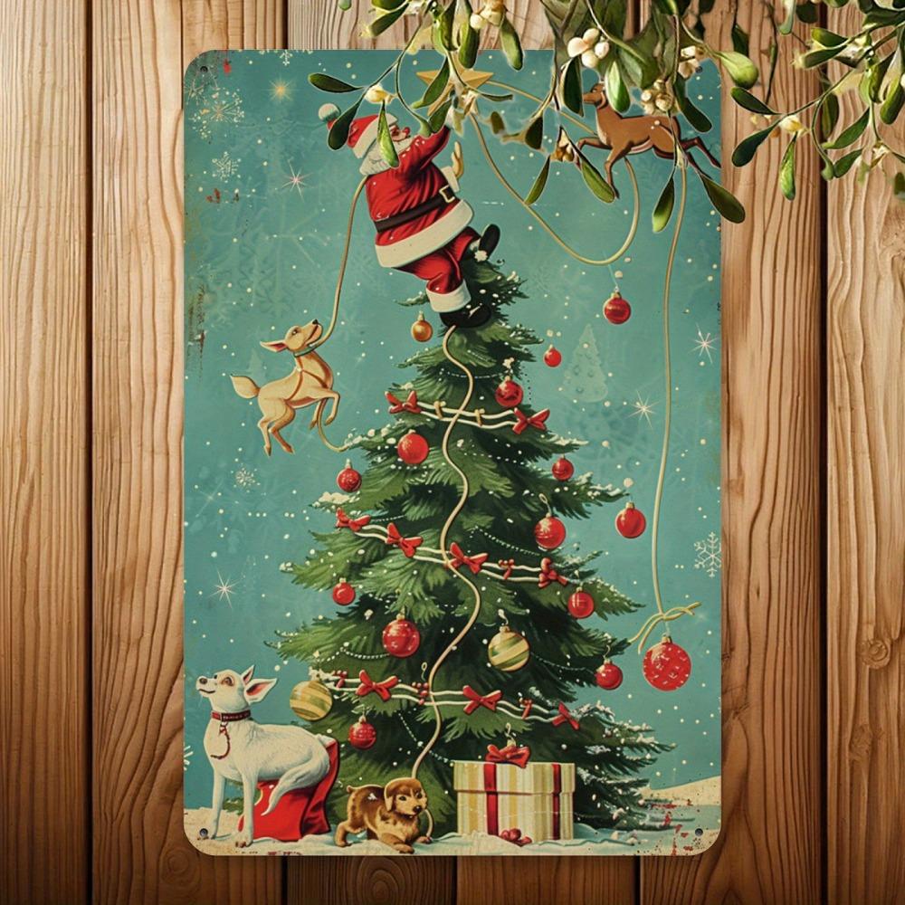 2D Flat Vintage Naughty Santa On Tree Metal Sign - Durable Iron Wall Art, Festive Christmas Decor for Home Office Cafe Garden