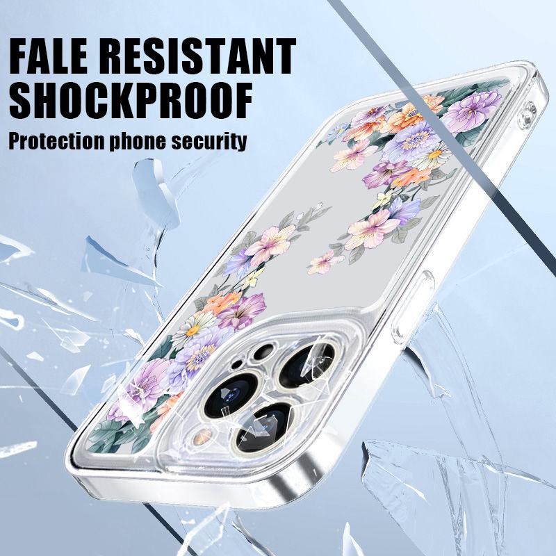 Carcasă transparentă din silicon moale, rezistentă la șocuri, pentru iPhone 16 Pro 15 Plus 14 Pro Max 13 12 11 XR XS 8 7, cu imprimeu floral, pentru lentilă, transparentă, rezistentă la șocuri