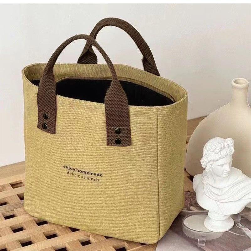 

Canvas solid color tote bag Japanese-style bento mommy office workers go out to bring meals, simple contrast color fashion bag lunch box світлого кольору хакі