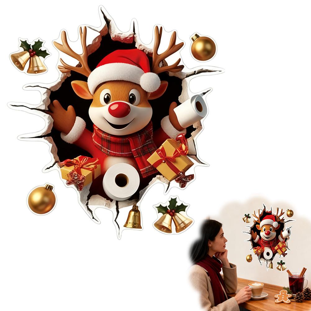 3D Cristmas Wall Stickers,Snowman/Reindeer/Santa Break Through Wall Stickers Decal for Toilet, Window Home Holiday Party Decor