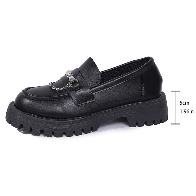 Fashion 2025 Fashion Metal Chain Platform Loafers Women Thick Bottom Pu Leather Shoes Woman Slip On Black Student Shoes Plus Size 35-43