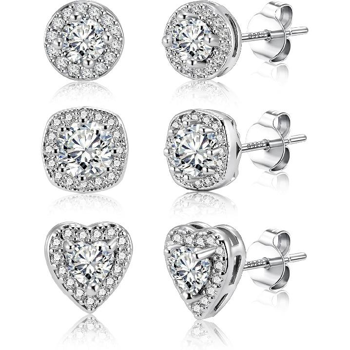 Hypoallergenic Silver Stud Earrings for Women Cubic Zirconia Halo Round Heart Square Diamond Large Silver Stud Set Earring