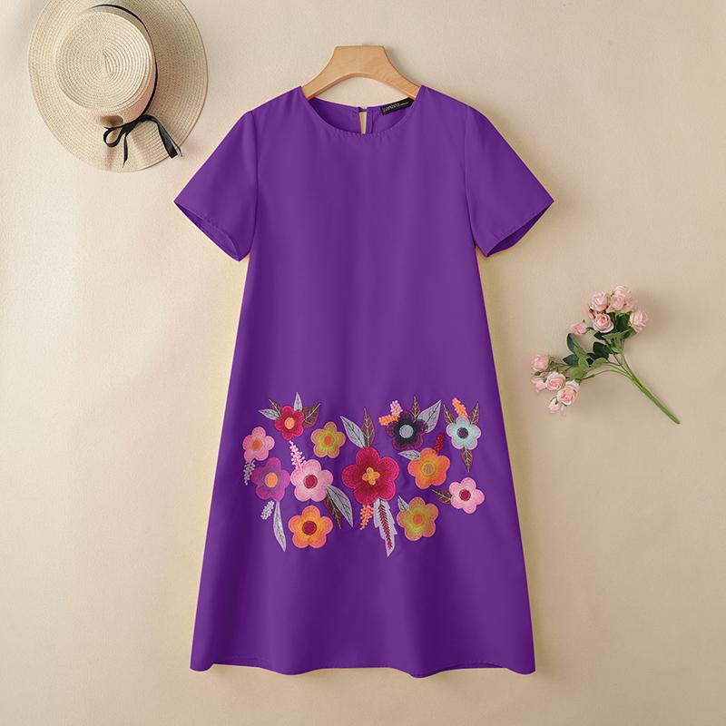 ZANZEA Women Casual Round Neck Short Sleeve Loose Floral Embroidery Dress