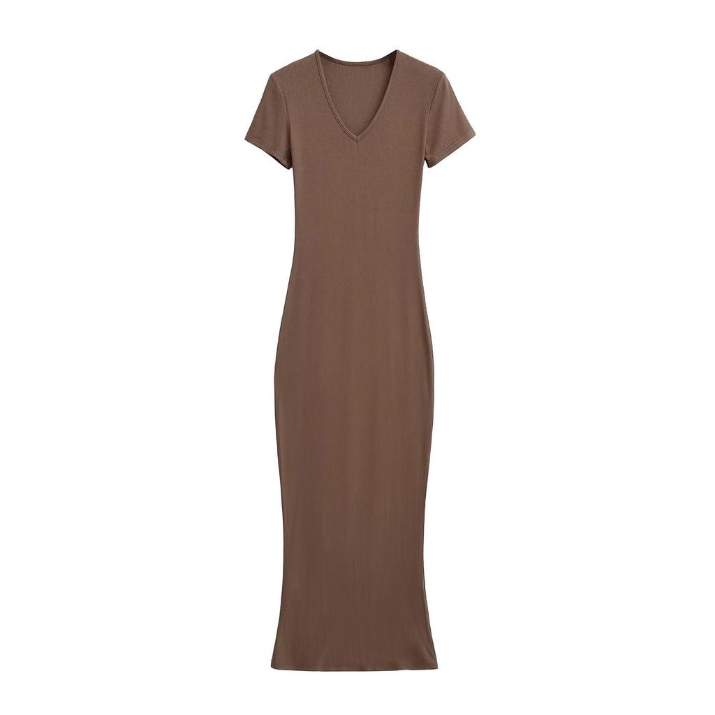 Chic V-neck Slim Fit Short-Sleeve Dress: European & American Style Summer Midi