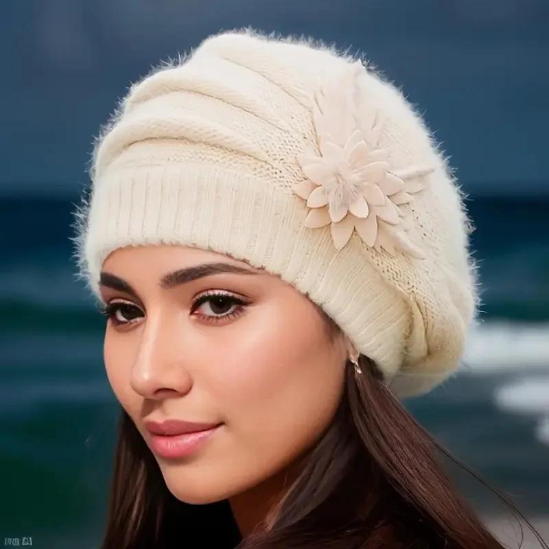 Hat Women's Winter Flower Hat Thick Beret Warm Knitted Wool Hat Autumn Winter Mom Hat for Mom Mother Gifts Grandmother Gift