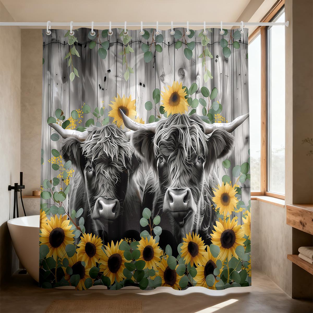 

1Pc Flower Highland Cow Print Waterproof Shower Curtain Partition Privacy Hanging Curtain Multiple Sizes 12 Hooks W60H190(CM)-1 Pcs