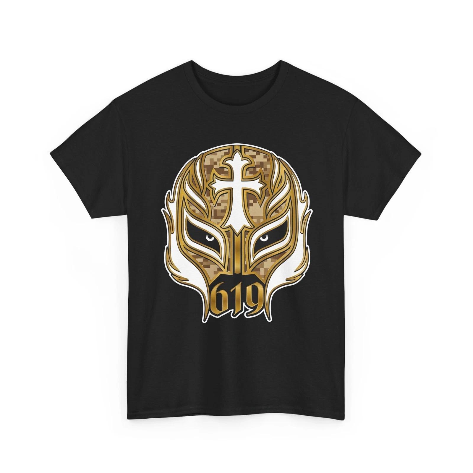 Rey Mysterio 619 Gold Mask 100% Cotton T-shirt Mens Tees Top Lucha Libre Luchador 100% Cotton T-shirt Mens Tees Top for Man Woman XL