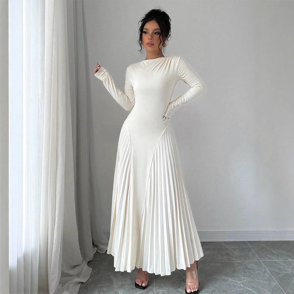 Autumn Winter Simple Solid Color Knitted Dress Women O Neck Long Sleeve Pleated Office Dresses Elegant Slim Robe Dress