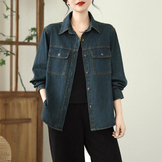Elegant Japanese Retro Denim Shirt with Double Pockets for Women - Autumn 2025 Casual Layering Jacket