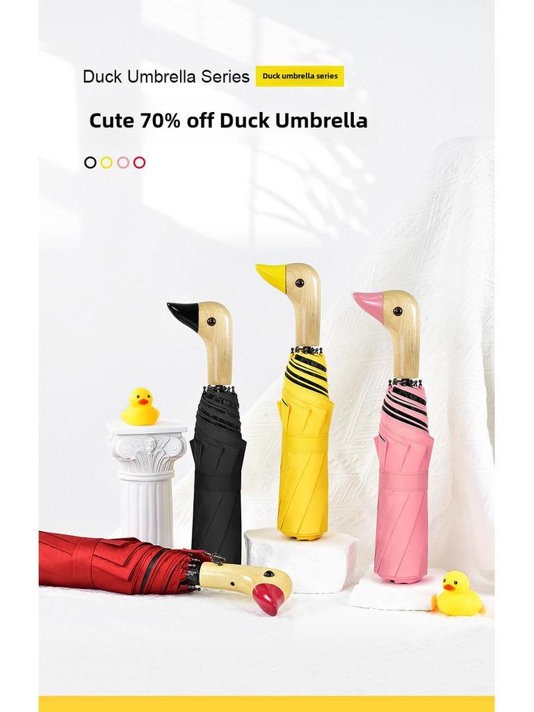 Creative Duck Head Umbrella: Stylish Black with Wooden Handle, Sun Protection, Dual-Purpose for Rain or Shine.
